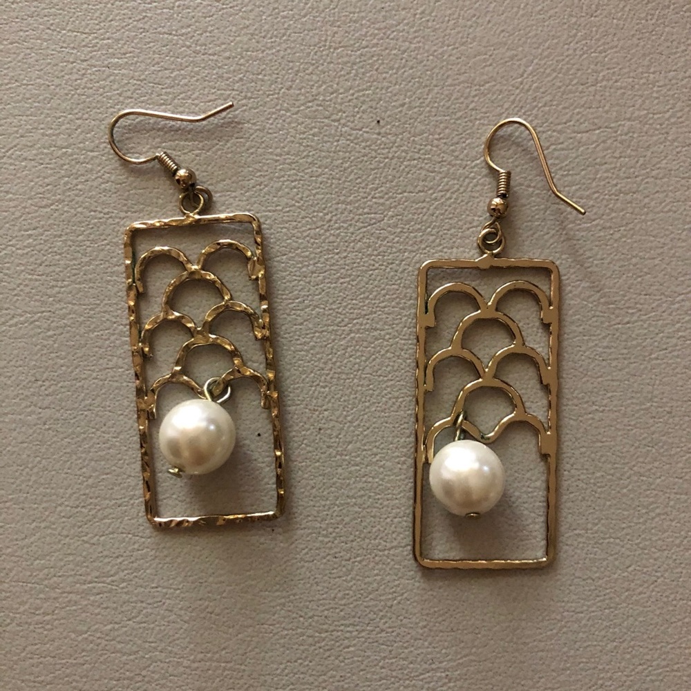 Gold Rectangle Tribal Hook Earrings w/ Pearls